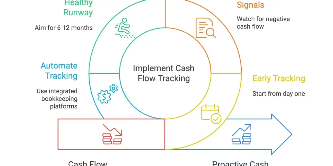 Diagram showing startup cash flow forecast cycle: Implement tracking, early tracking, monitor signals, maintain runway, automate tracking, and the consequences of neglect vs. proactive management.