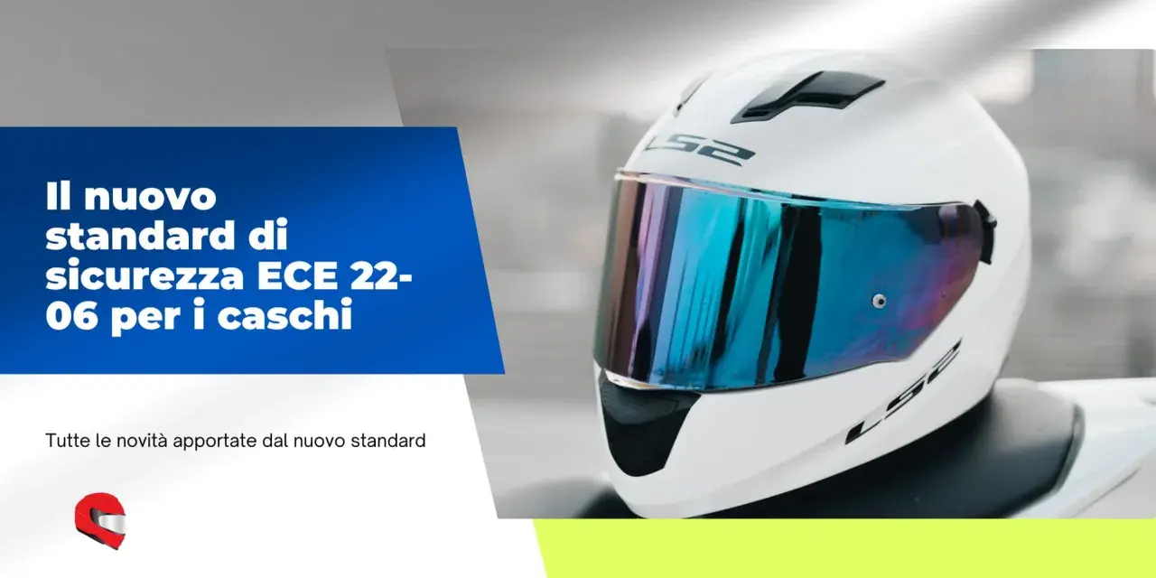 Casco bianco con visiera blu riflettente, simbolo del nuovo standard di sicurezza ECE 22-06 per i caschi.