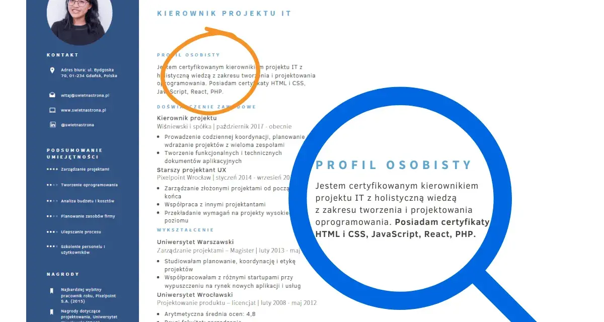 Profil osobisty: certyfikaty w CV potwierdzają moje umiejętności w tworzeniu i projektowaniu oprogramowania.