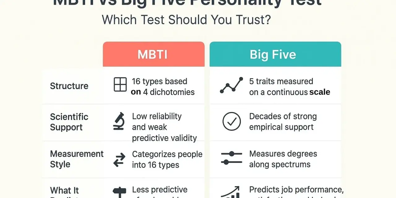 Porównanie MBTI i Big Five: MBTI ma 16 typów osobowości skróty, Big Five mierzy 5 cech. MBTI ma słabe wsparcie naukowe.