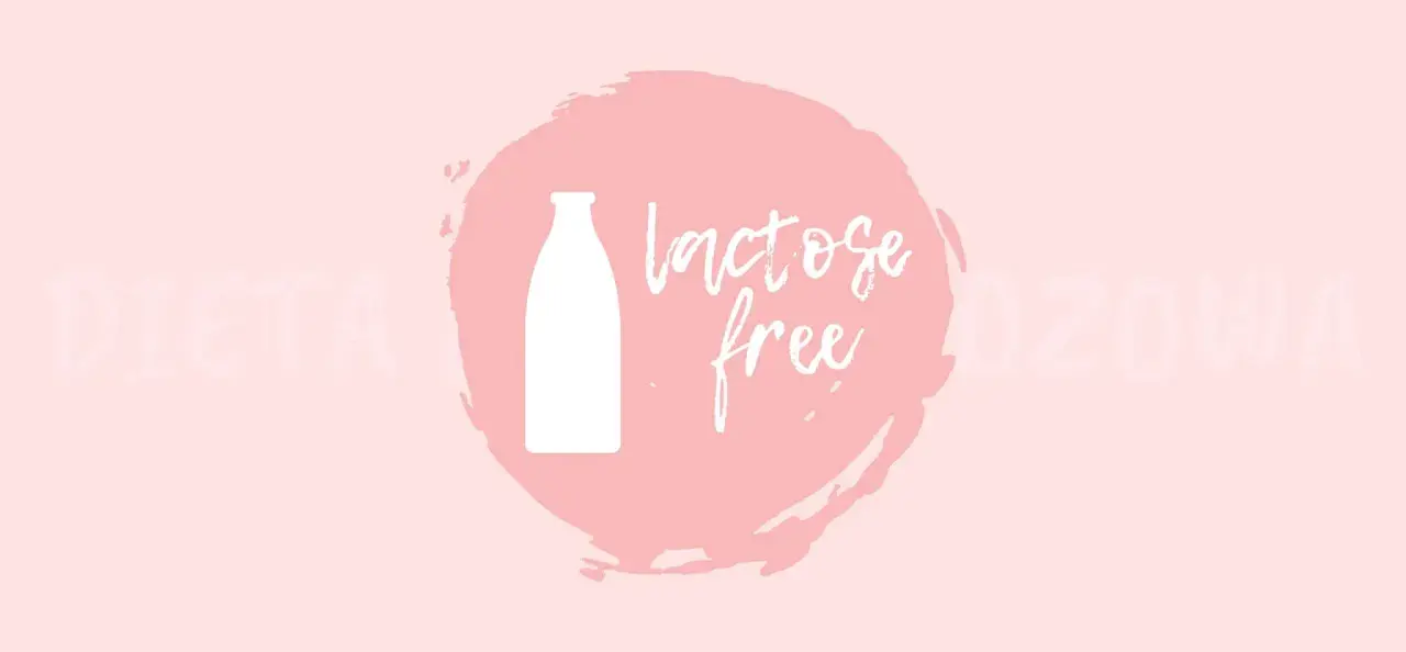 Grafika z butelką i napisem "lactose free" na różowym tle. Czy kefir ma laktozę? Ta grafika sugeruje, że tak, można znaleźć produkty bez laktozy.