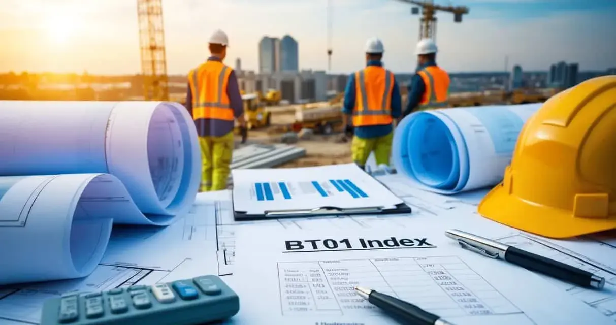 Plans, calculatrice, casque jaune et ouvriers sur un chantier. Le document BT01 Index est au premier plan.