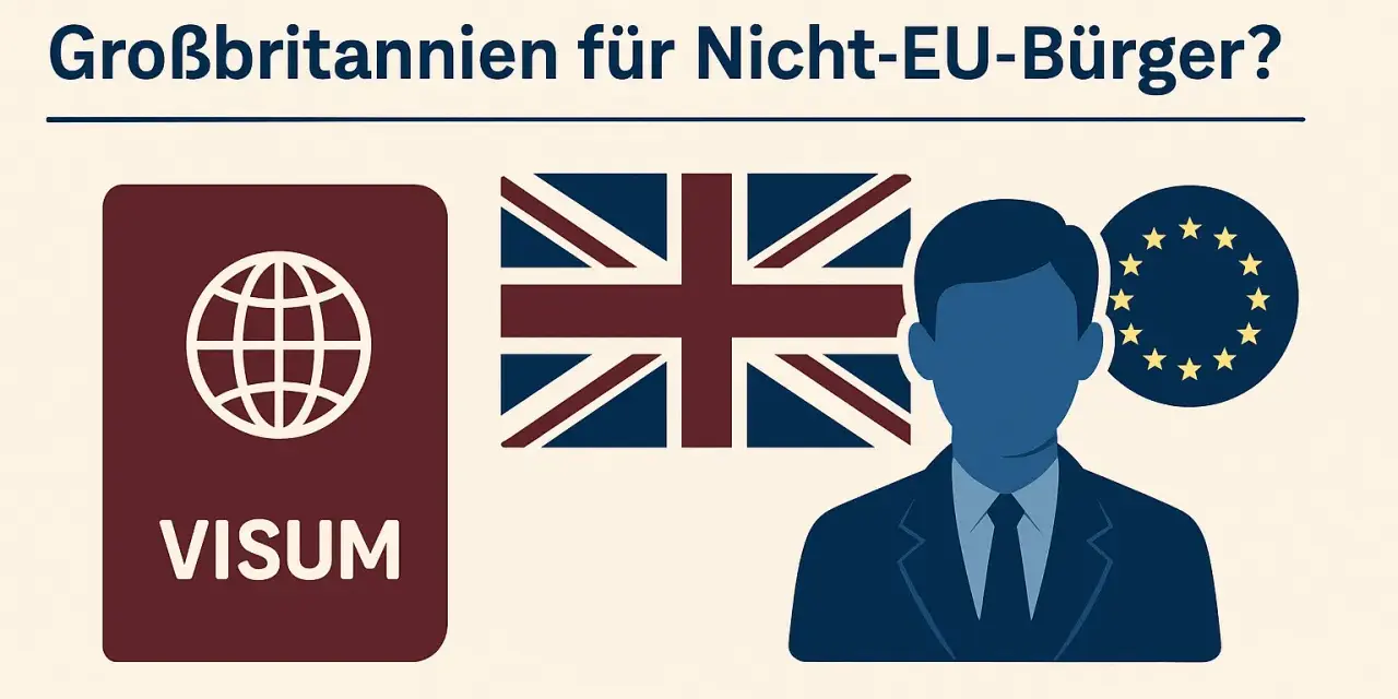 Visum für Großbritannien: Ein Nicht-EU-Bürger plant seinen Auslandsaufenthalt in England. Links ein Visum-Dokument, daneben die Union-Jack-Flagge und das EU-Symbol.