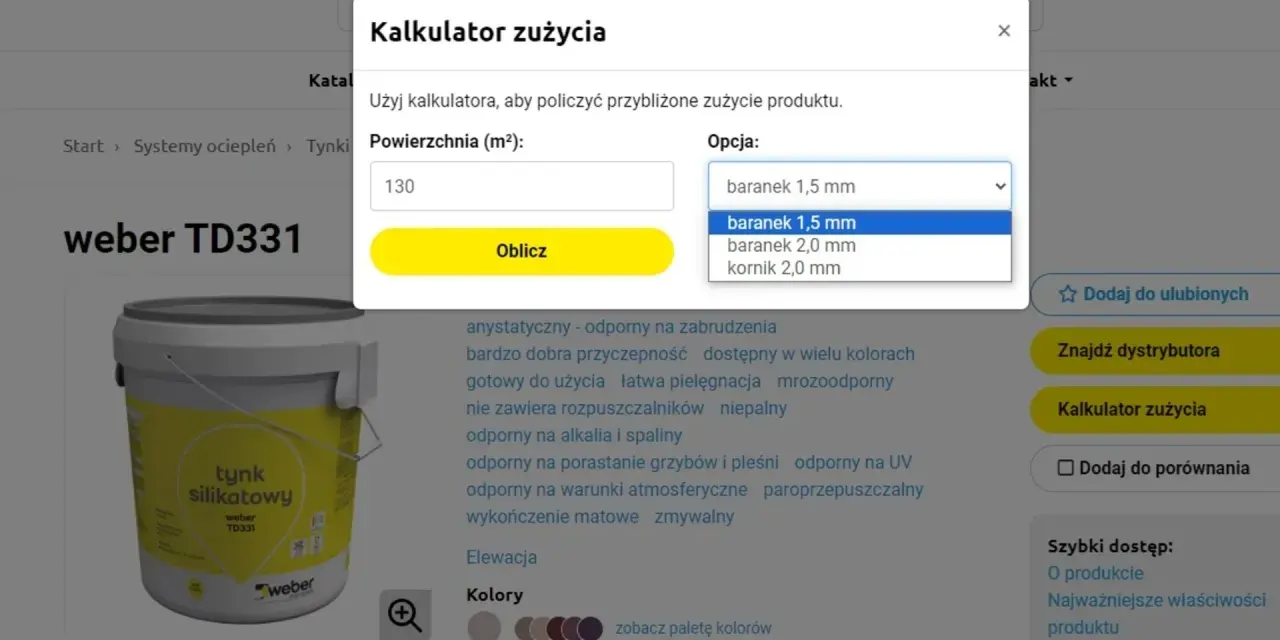 Kalkulator zużycia tynku silikonowego 25 kg. Wpisz powierzchnię 130 m² i wybierz opcję baranek 1,5 mm, aby obliczyć potrzebną ilość.