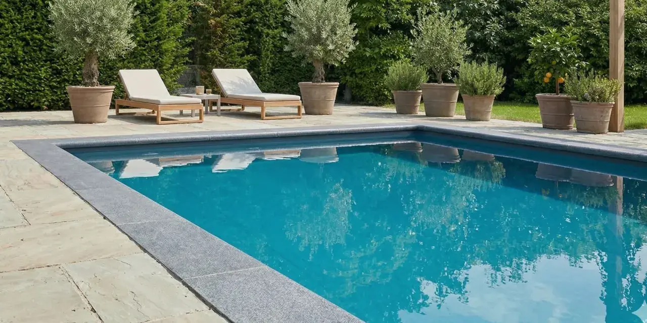 Luxuriöser Pool mit Steinumrandung und mediterranen Pflanzen. Tolle pool verkleiden ideen für eine elegante Poollandschaft.