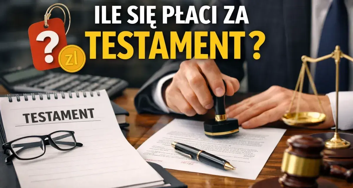 Pytanie o koszt testamentu notarialnego. Na biurku notariusza dokument, pieczęć, waga sprawiedliwości i młotek.