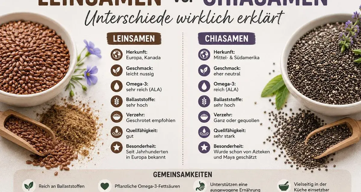 Leinsamen sind gesund und reich an Omega-3. Die Grafik vergleicht sie mit Chiasamen und zeigt ihre Vorteile für eine ausgewogene Ernährung.