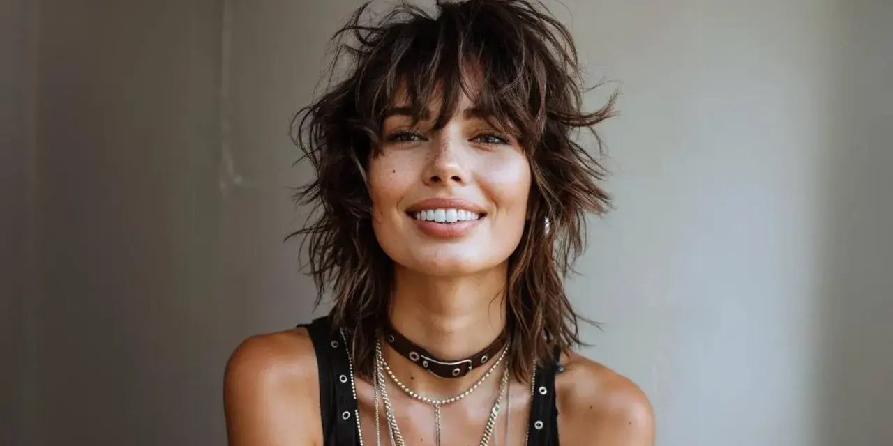 Mujer con un moderno corte mullet, sonriendo con confianza.