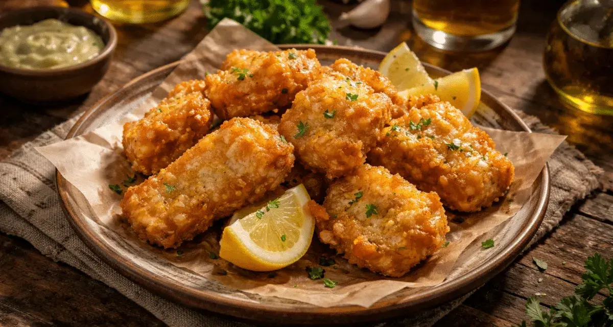 Crujientes trozos de bacalao rebozado, servidos con gajos de limón y perejil picado. Perfectos para acompañar una cerveza fría.