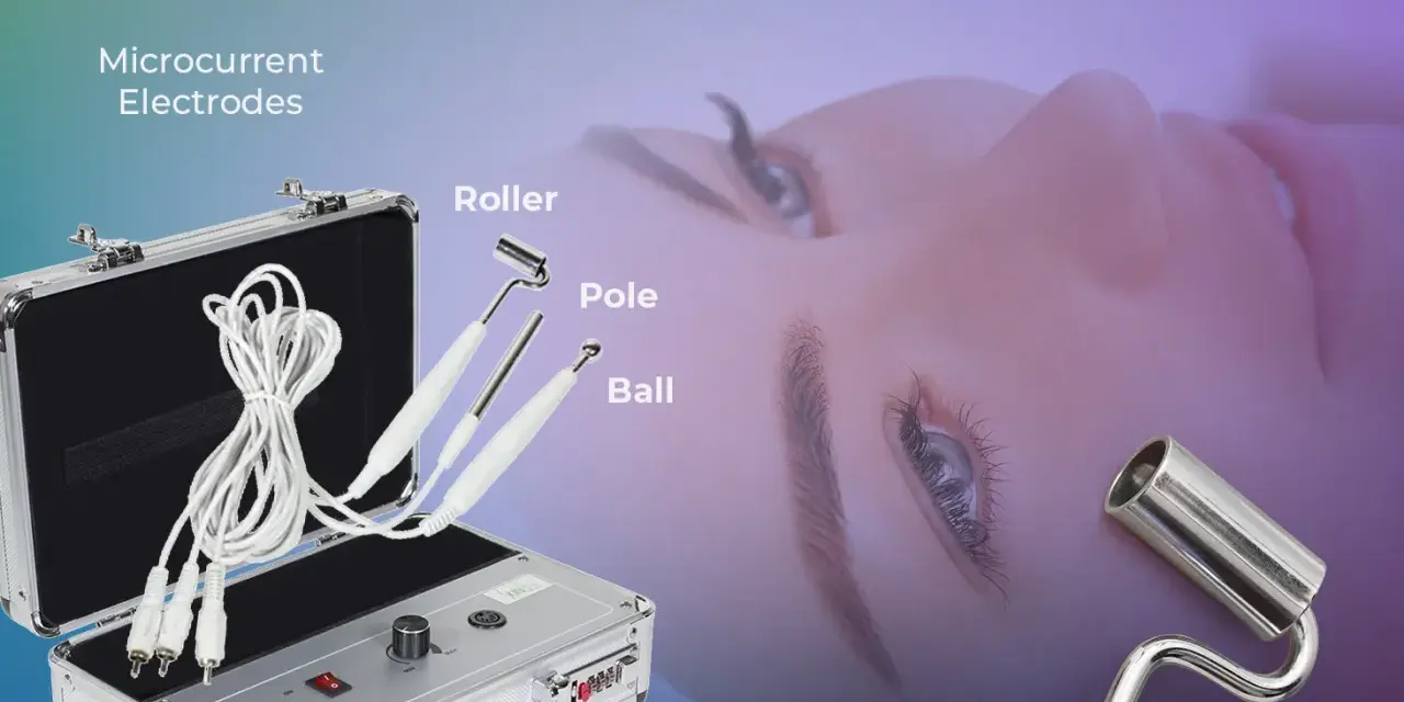 Galvanic current is used when this portable skincare machine, with its microcurrent electrodes (roller, pole, ball), is applied to the face for rejuvenation.