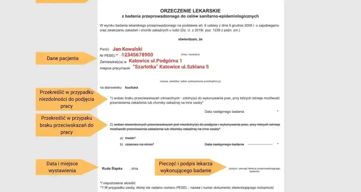 Orzeczenie lekarskie dla Jana Kowalskiego, kucharza, potwierdza brak przeciwwskazań do pracy, co jest kluczowe dla celów sanitarno-epidemiologicznych.