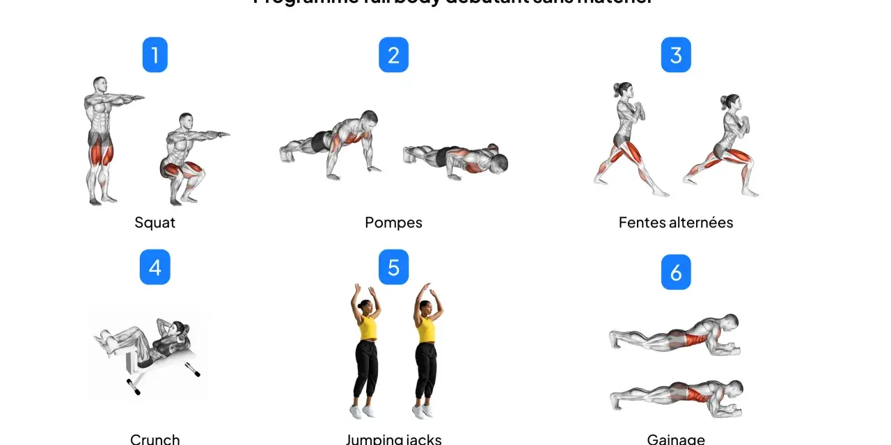 Programme de musculation maison pour débutants : squats, pompes, fentes, crunchs, jumping jacks et gainage.