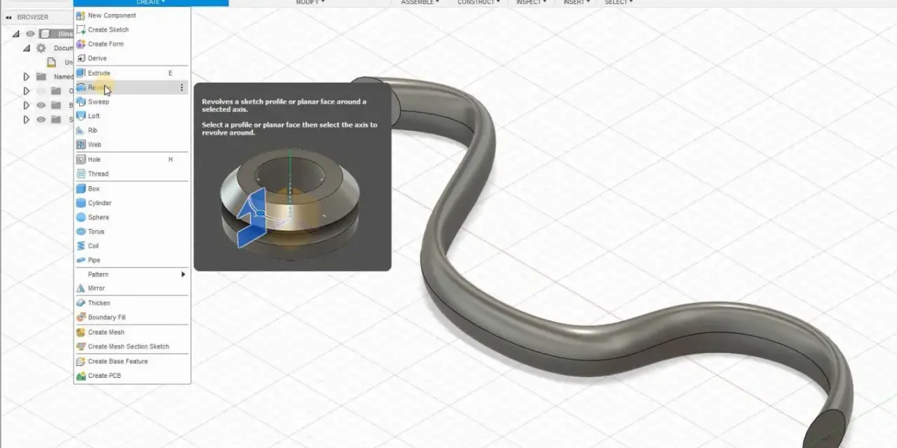 Tworzenie zakrzywionych kształtów w Fusion 360 darmowy dla hobbystów. Narzędzie "Revolve" pozwala na obracanie profilu wokół osi.