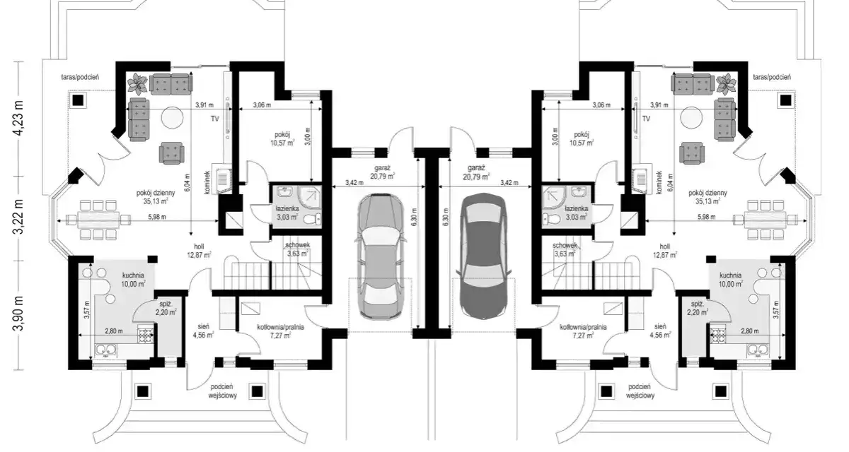 Plan architektoniczny bliźniaków z garażami, tarasami i podcieniami.