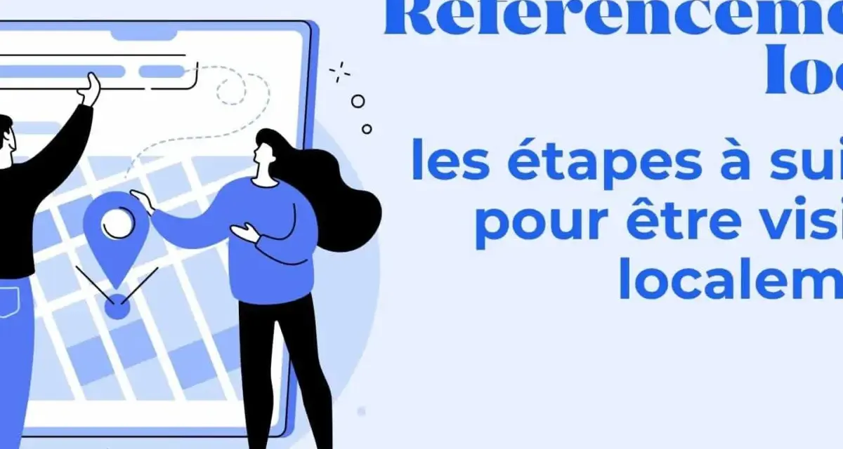 Illustration de deux personnes interagissant avec une carte sur un écran, symbolisant le référencement local Google My Business et les étapes pour être visible localement.