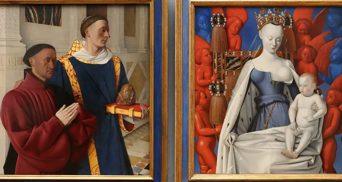 Dyptyk z Melun: po lewej modlący się mężczyzna i święty, po prawej Madonna z Dzieciątkiem otoczona przez aniołki.