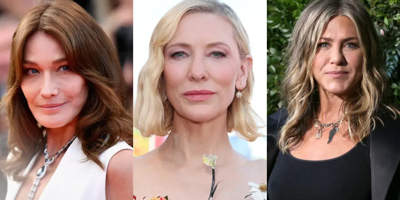 Carla Bruni, Cate Blanchett e Jennifer Aniston: ispirazioni per un taglio capelli over 50 viso lungo.