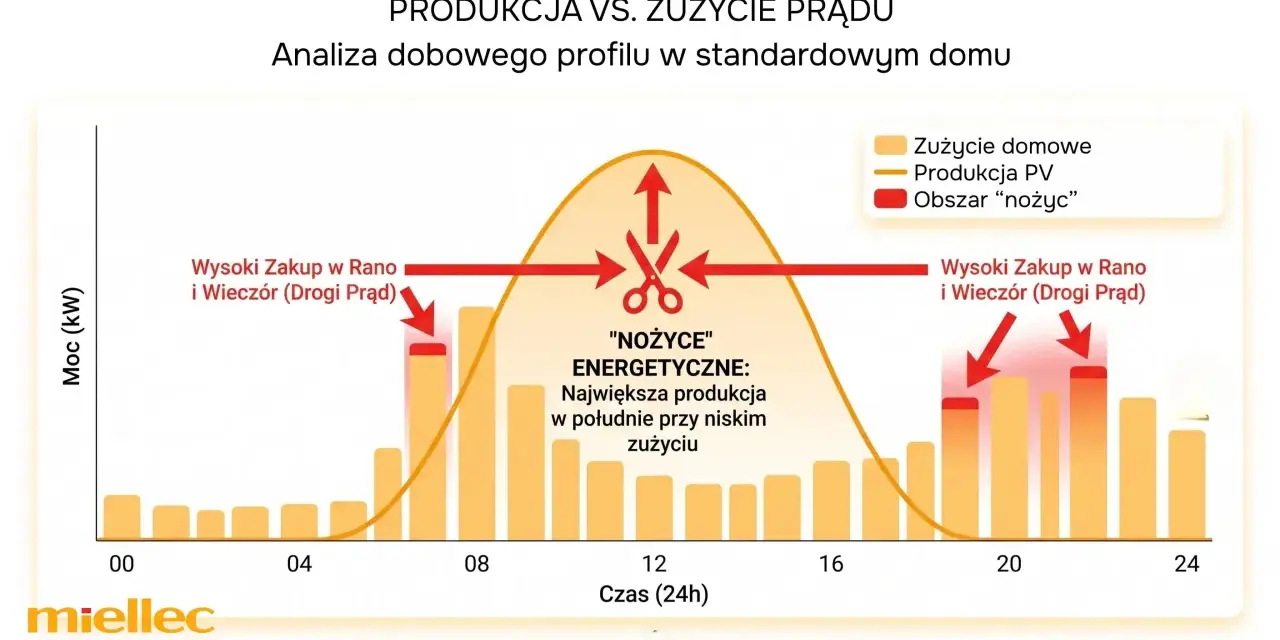 Wykres pokazuje produkcję i zużycie prądu w domu z fotowoltaiką. Rozliczanie fotowoltaiki na nowych zasadach uwzględnia "nożyce" energetyczne – dużą produkcję PV w dzień i wysoki pobór prądu rano/wieczorem.