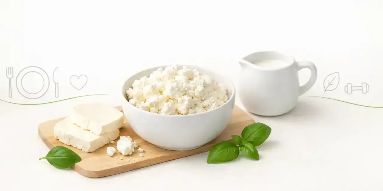 Twaróg w misce, na desce kawałki sera i bazylia. Czy twaróg jest zdrowy? Tak, to pyszny i wartościowy produkt.
