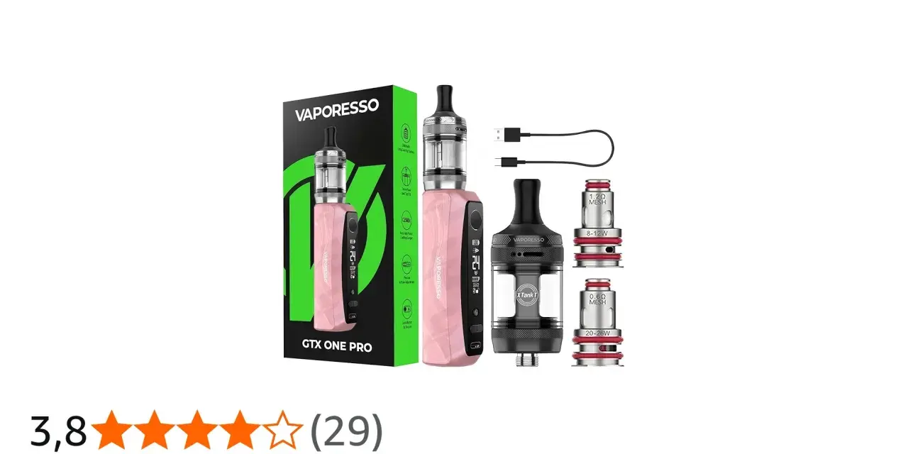 Kit Vaporesso GTX One Pro rosa, con atomizador, resistencias y cable USB.