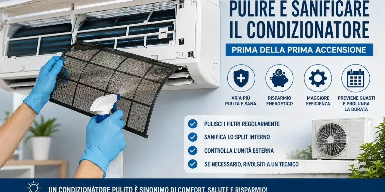 Mani con guanti blu puliscono il filtro del condizionatore con uno spray. Impara come pulire i filtri del condizionatore per aria più sana.