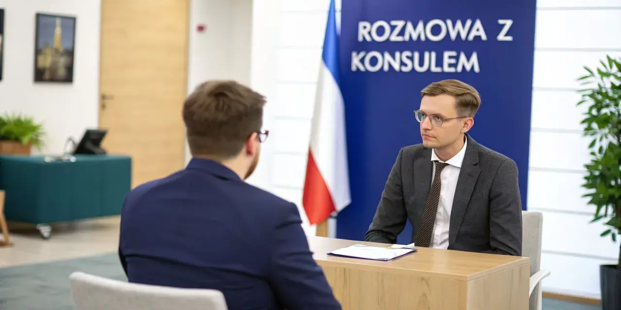 Rozmowa z konsulem. Mężczyzna w okularach i garniturze siedzi przy biurku, obok flaga.