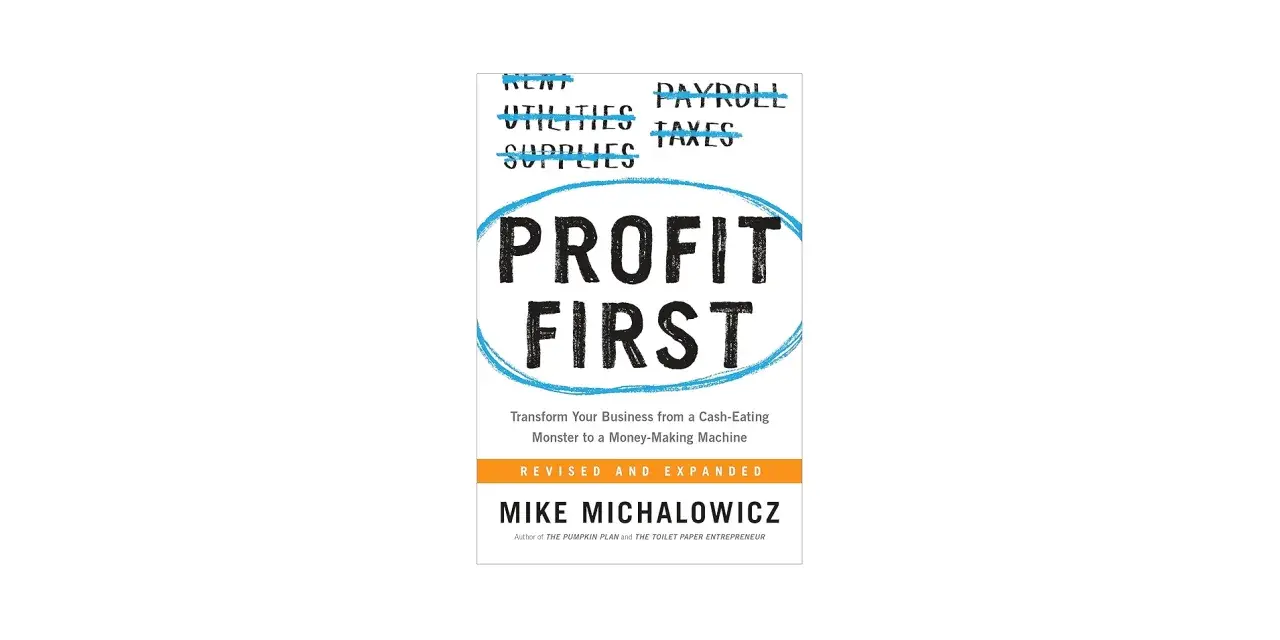 Book cover for "Profit First Method" by Mike Michalowicz. It shows "Profit First" in large letters, with expenses like rent and payroll crossed out.