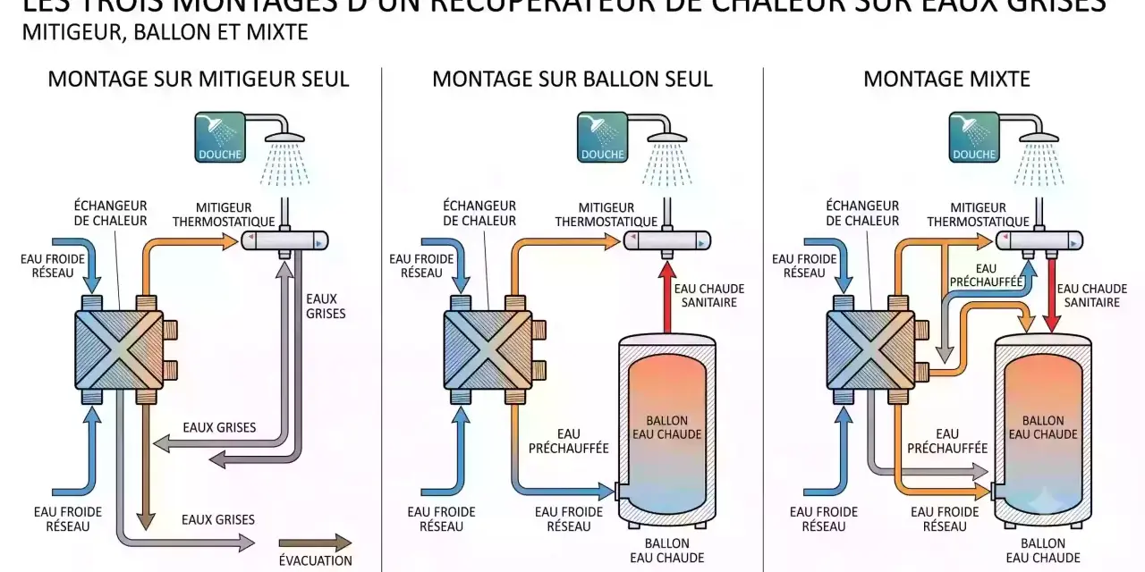 Schéma montrant trois systèmes de récupération d'eau de douche : mitigeur seul, ballon seul et mixte. L'eau grise préchauffée est réutilisée.
