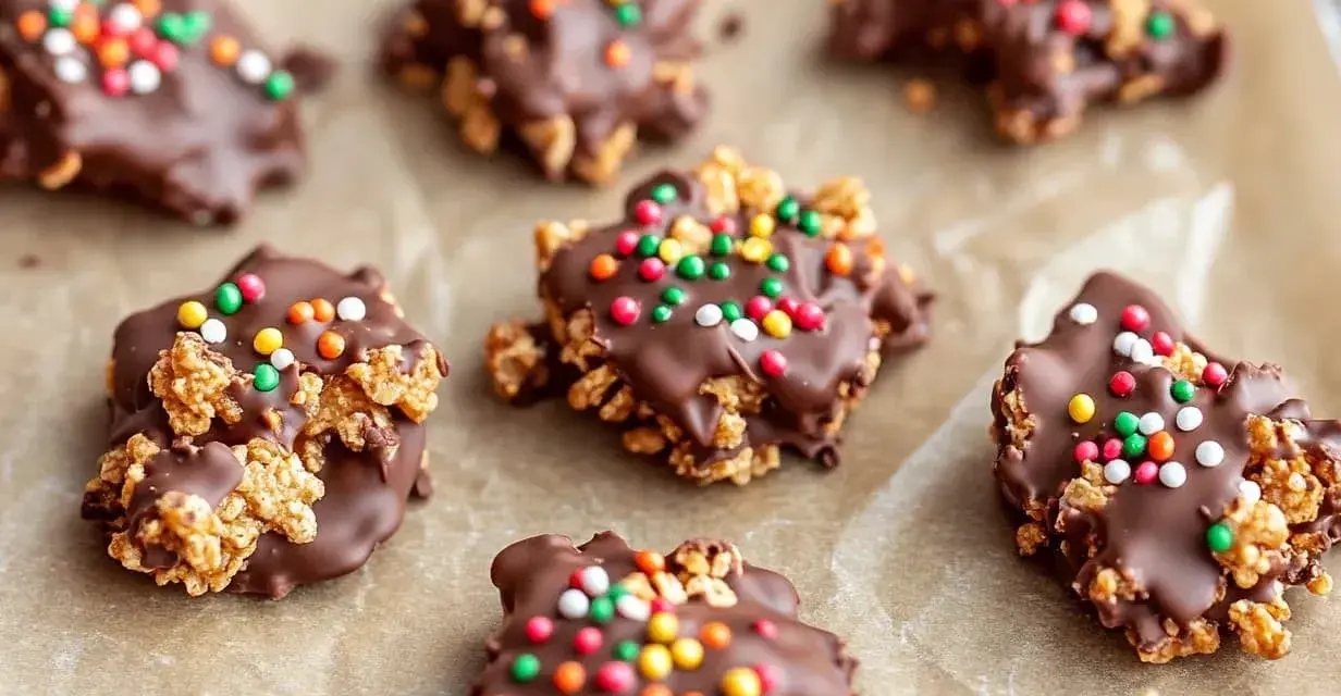 Roligt julgodis barn älskar! Krispiga chokladkakor med färgglada strössel, perfekta för julfikat.