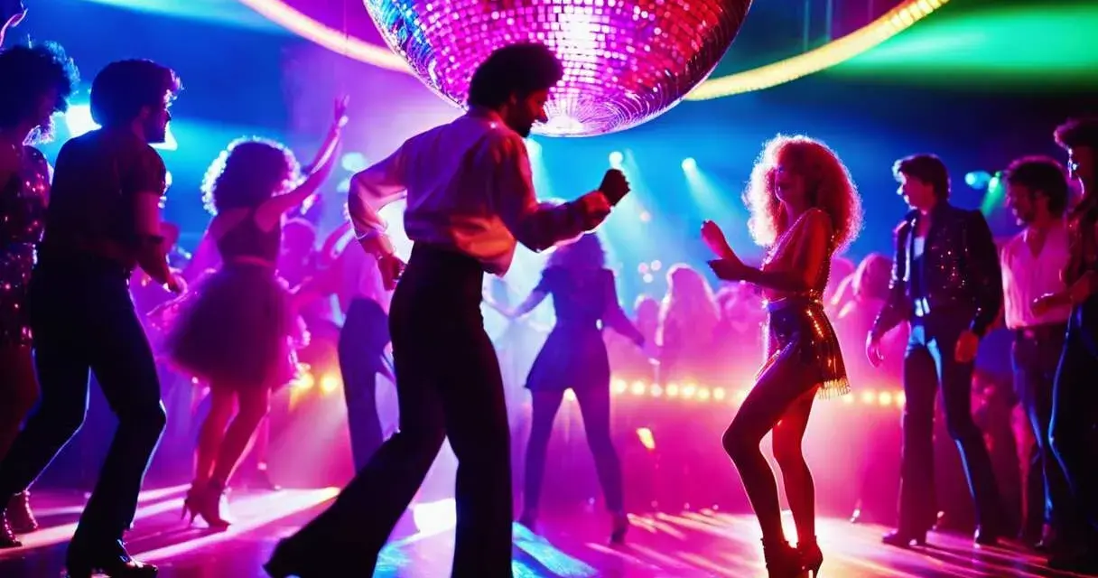 Une boule disco illumine une piste de danse où des couples dansent au rythme de la musique, évoquant l'ambiance festive de l'année disco.