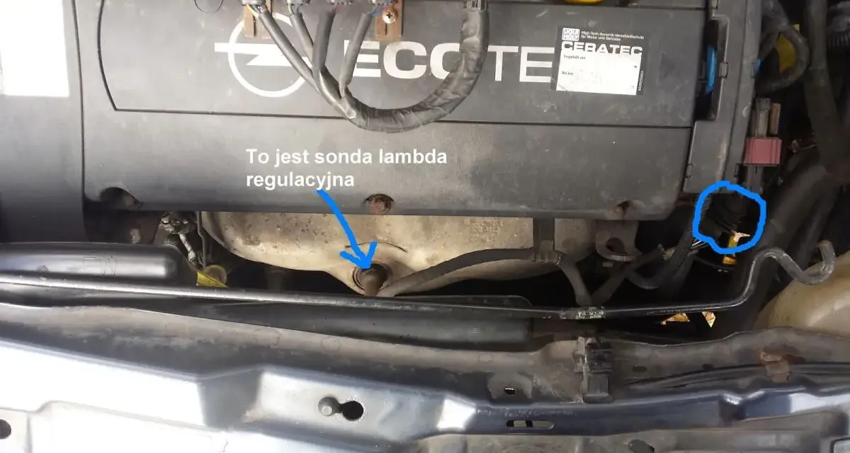 Silnik Opla z zaznaczoną sondą lambda, która może być przyczyną błędu dtc p0136.