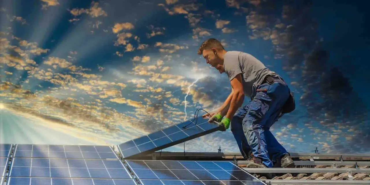 Instalator montuje panele słoneczne na dachu, przygotowując dom do systemu net metering. Słońce przebija się przez chmury.
