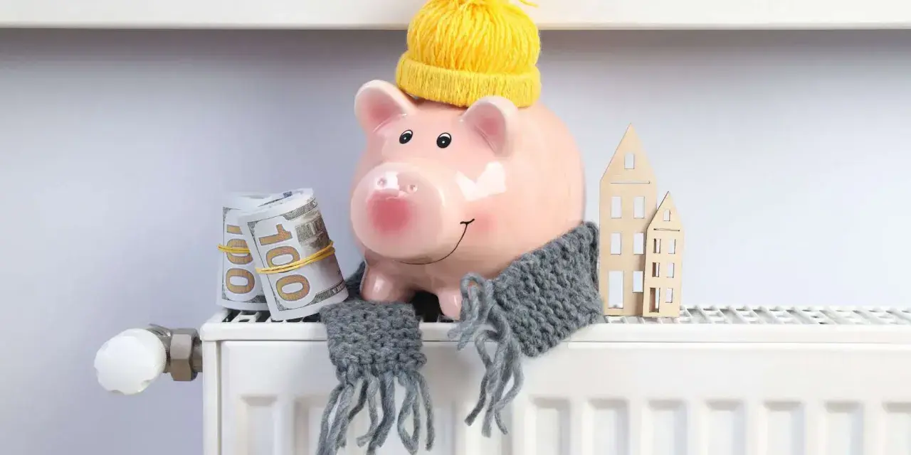 Świnka-skarbonka w czapce i szaliku, z banknotami i domkami na grzejniku. Oszczędzanie na rachunki za ogrzewanie, czyli bon ciepłowniczy w praktyce.
