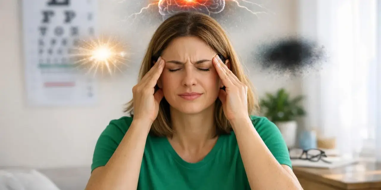 Donna con mani sulle tempie, soffre di forte stress e disturbi della vista. Il cervello è illuminato da fulmini e luci intense.