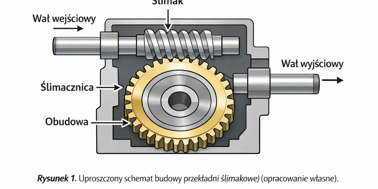 Schemat przekładni do łuparki: wał wejściowy, ślimak, ślimacznica, wał wyjściowy w obudowie.
