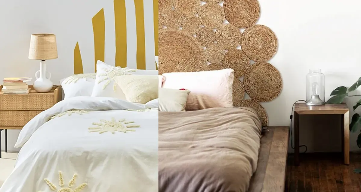 Dos camas con cabeceros originales: uno con diseño de sol pintado y otro con discos de yute.