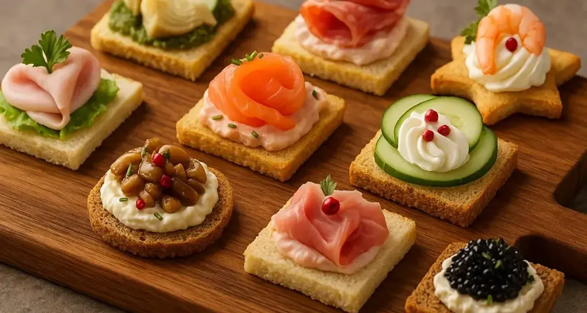 Varietà di tartine per aperitivo su tagliere: salmone, gamberetti, caviale, salumi, prosciutto, verdure e paté.