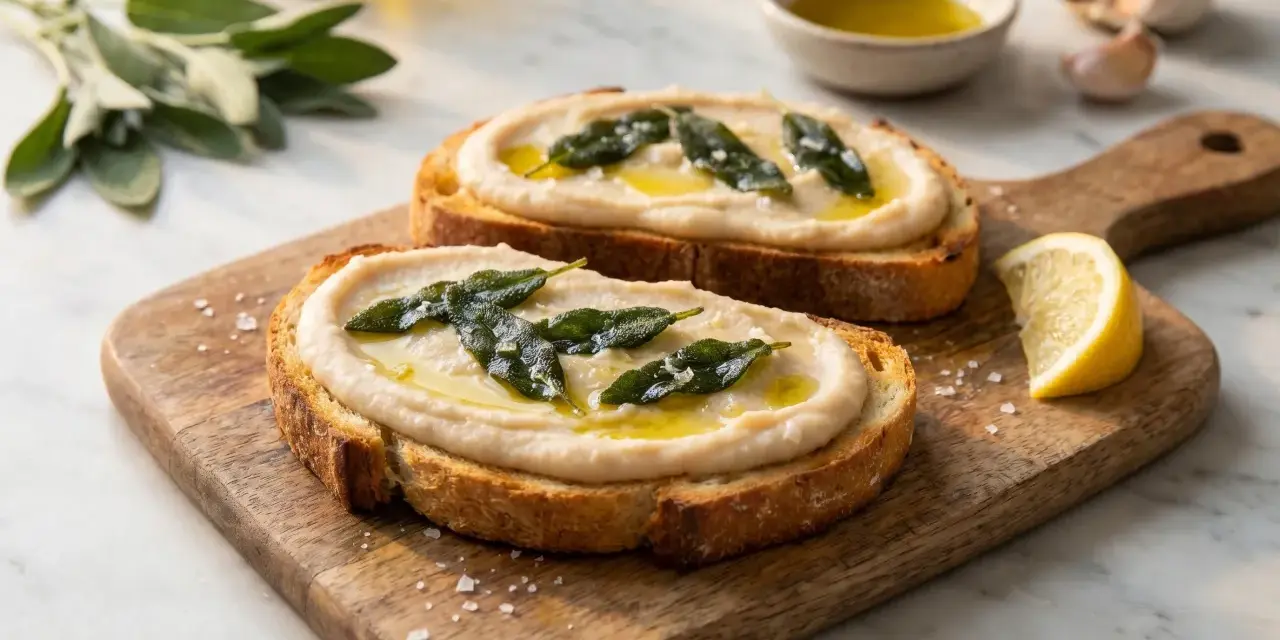Två rostade brödskivor med krämig bönröra, salvia och olivolja. Ett enkelt och gott bruschetta recept.
