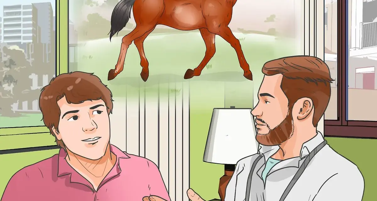 Un homme discute avec un vétérinaire, préoccupé par un jarret cheval gonflé. Le cheval galope dans un paysage champêtre en arrière-plan.