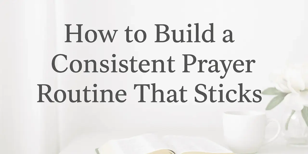 A book, mug, and flowers suggest a peaceful setting for unceasing prayer. Text reads: "How to Build a Consistent Prayer Routine That Sticks.