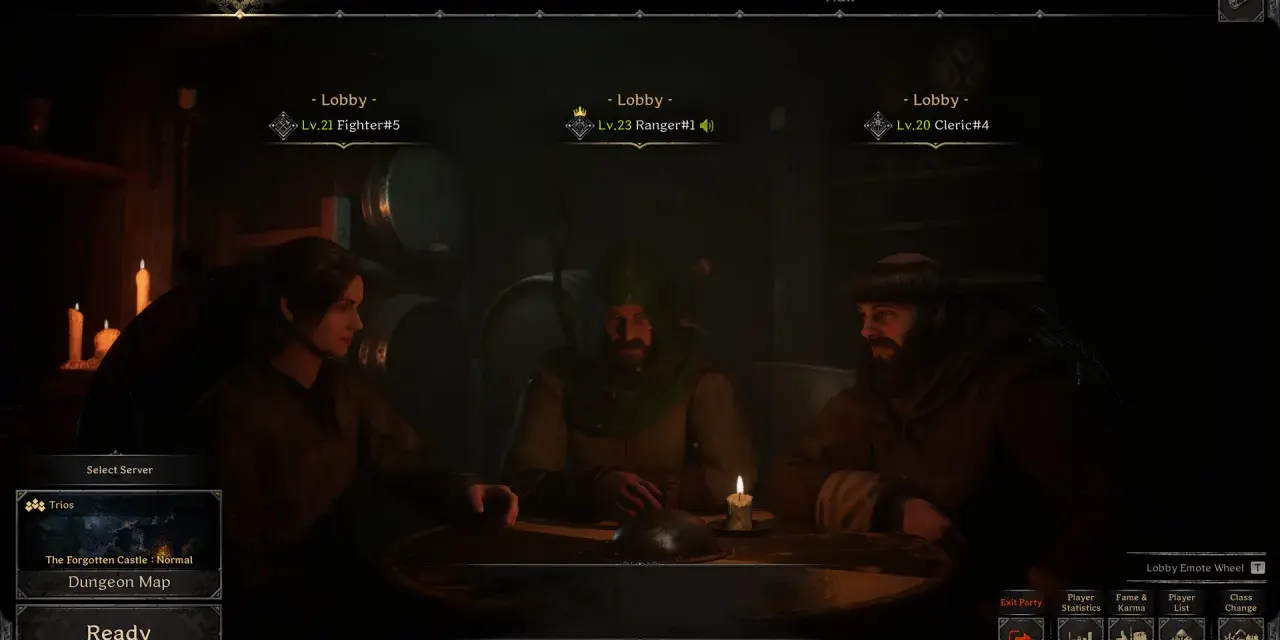Tres aventureros esperan en la penumbra, listos para adentrarse en lo **dark and darker**. Un guerrero, un explorador y un clérigo se preparan para la misión.