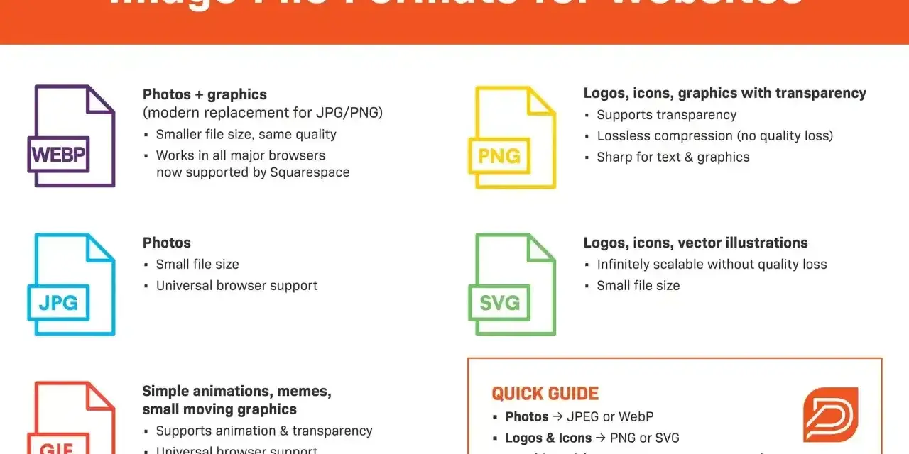 Przewodnik po formatach zdjęć dla stron internetowych: WEBP, JPG, GIF, PNG, SVG. Wybierz odpowiedni format pliku.
