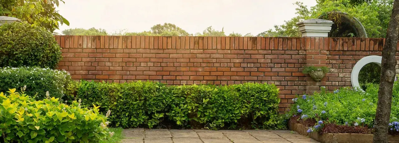 Eine Ziegelmauer im Garten, umgeben von üppigem Grün und blühenden Pflanzen. Tolle Ideen für Gartenmauern, die Privatsphäre und Schönheit vereinen.