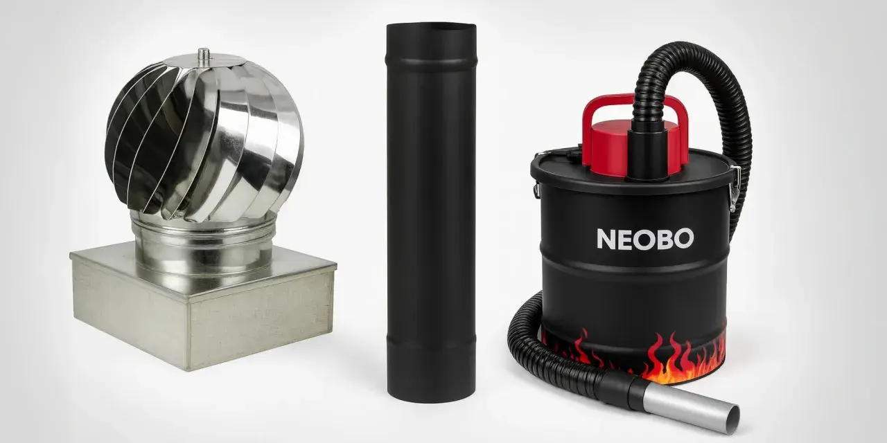A stainless steel chimney cap, a black stove pipe, and a black ash vacuum with red accents and flame graphics.