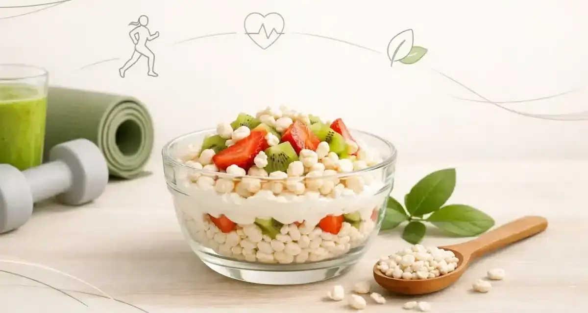 Zdrowy deser z jogurtem, truskawkami, kiwi i ryżem preparowanym. Idealny na śniadanie, gdy liczymy ryż preparowany kcal.