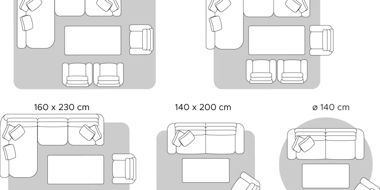 Diverse misure tappeti per arredare il soggiorno: da 200x300 cm a Ø 140 cm, con diverse configurazioni di divani e poltrone.