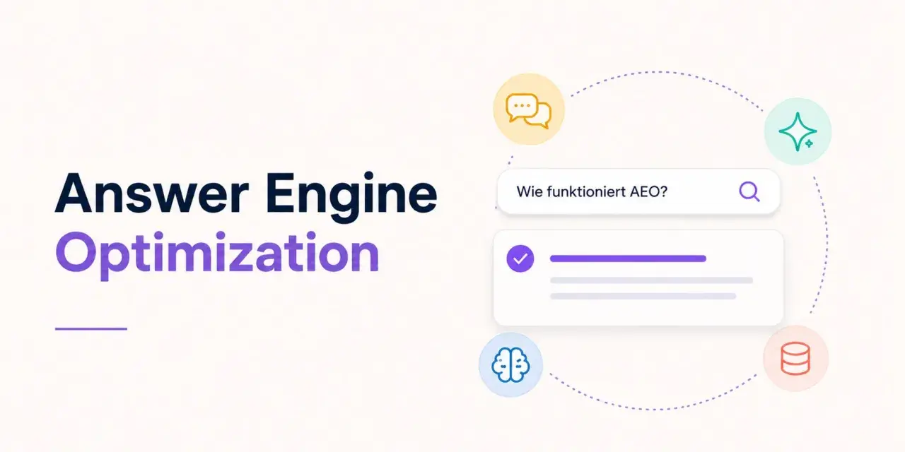 Answer Engine Optimization: Wie funktioniert AEO? Chat-Symbole, Gehirn und Datenbank deuten auf intelligente Suchoptimierung hin.