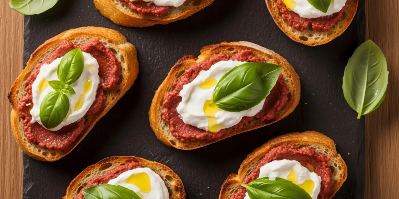 Chrupiące grzanki z kremowym serem, pikantną pastą i bazylią. Czy to nduja? Co to jest? Pyszna przekąska!