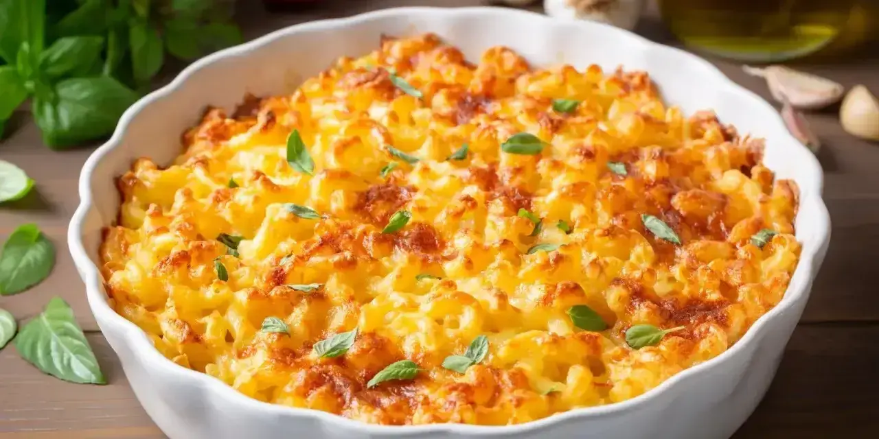 Pyszne Mac and Cheese w białej naczyniu, idealne na obiad. Ten przepis na Mac and Cheese zachwyci każdego!