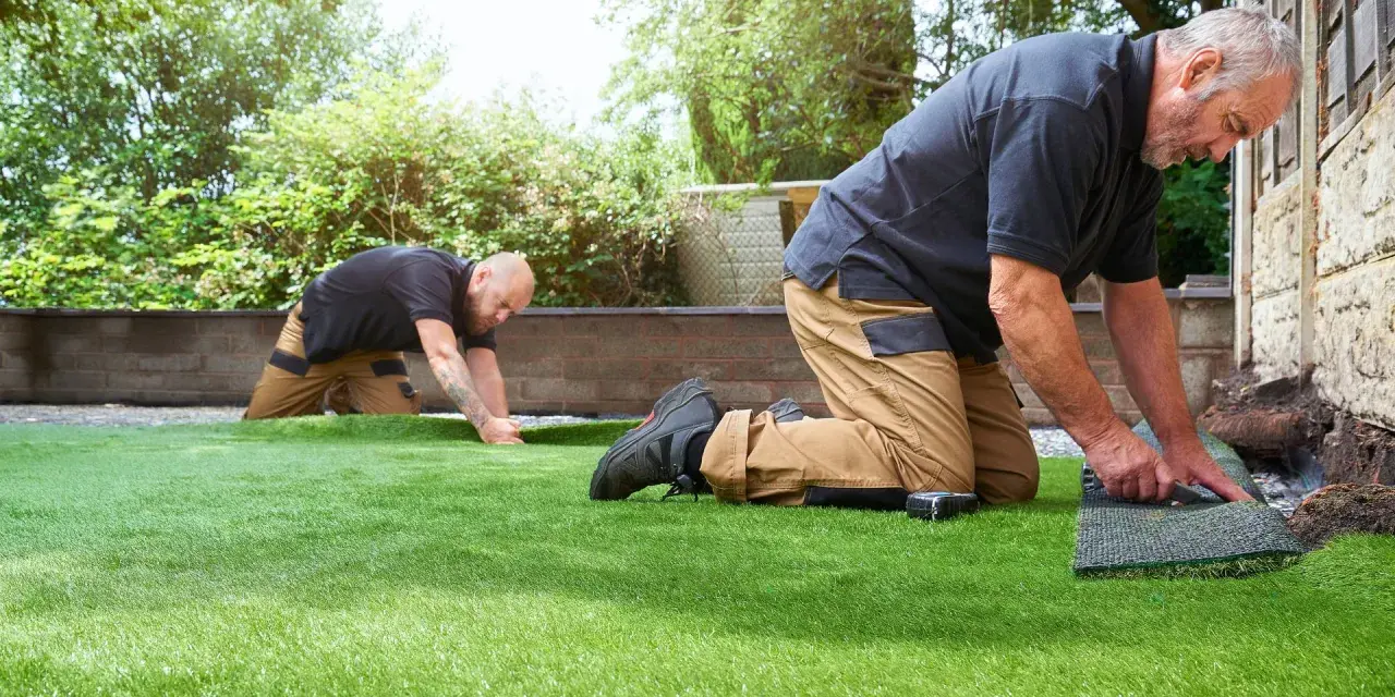 Dos hombres trabajan en un jardín, instalando césped artificial. Uno corta el borde mientras el otro lo alisa.